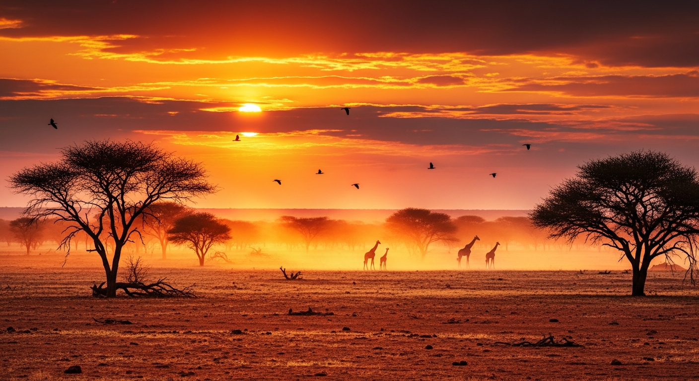 Namibian sunset with giraffes